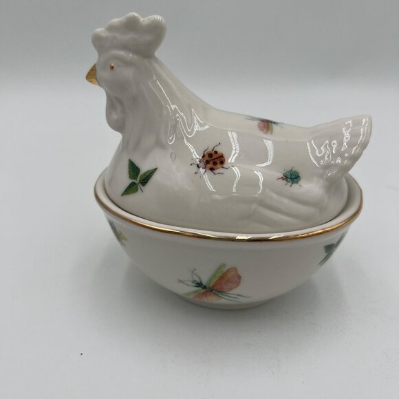 Grace's Teaware Fine Porcelain Chicken Sugar Bowl Trinket dish bees Leaves Insec - Picture 4 of 11
